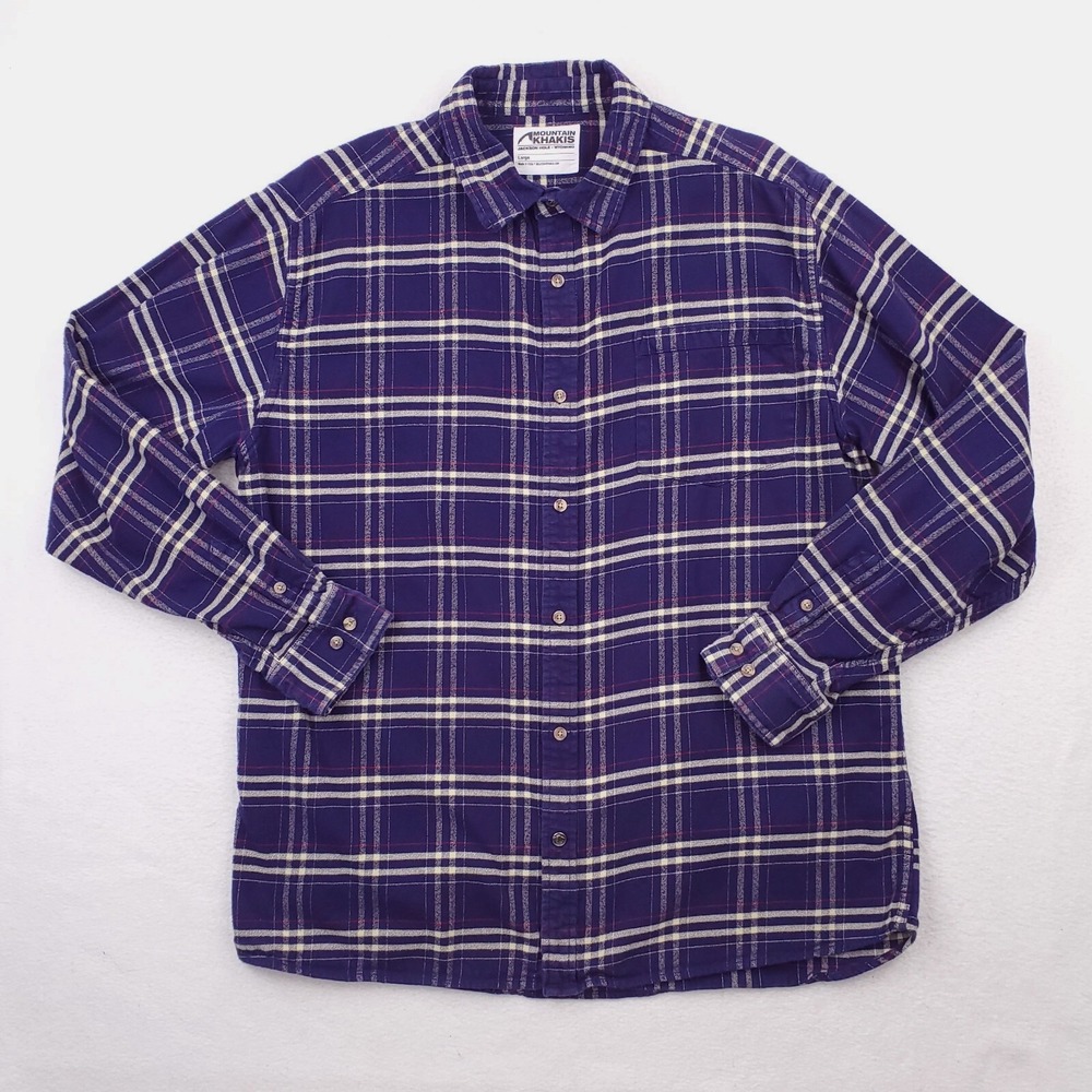 Mountain Khakis Shirt Men Large Blue Gray Teton Flannel Tartan Plaid Heavyweight